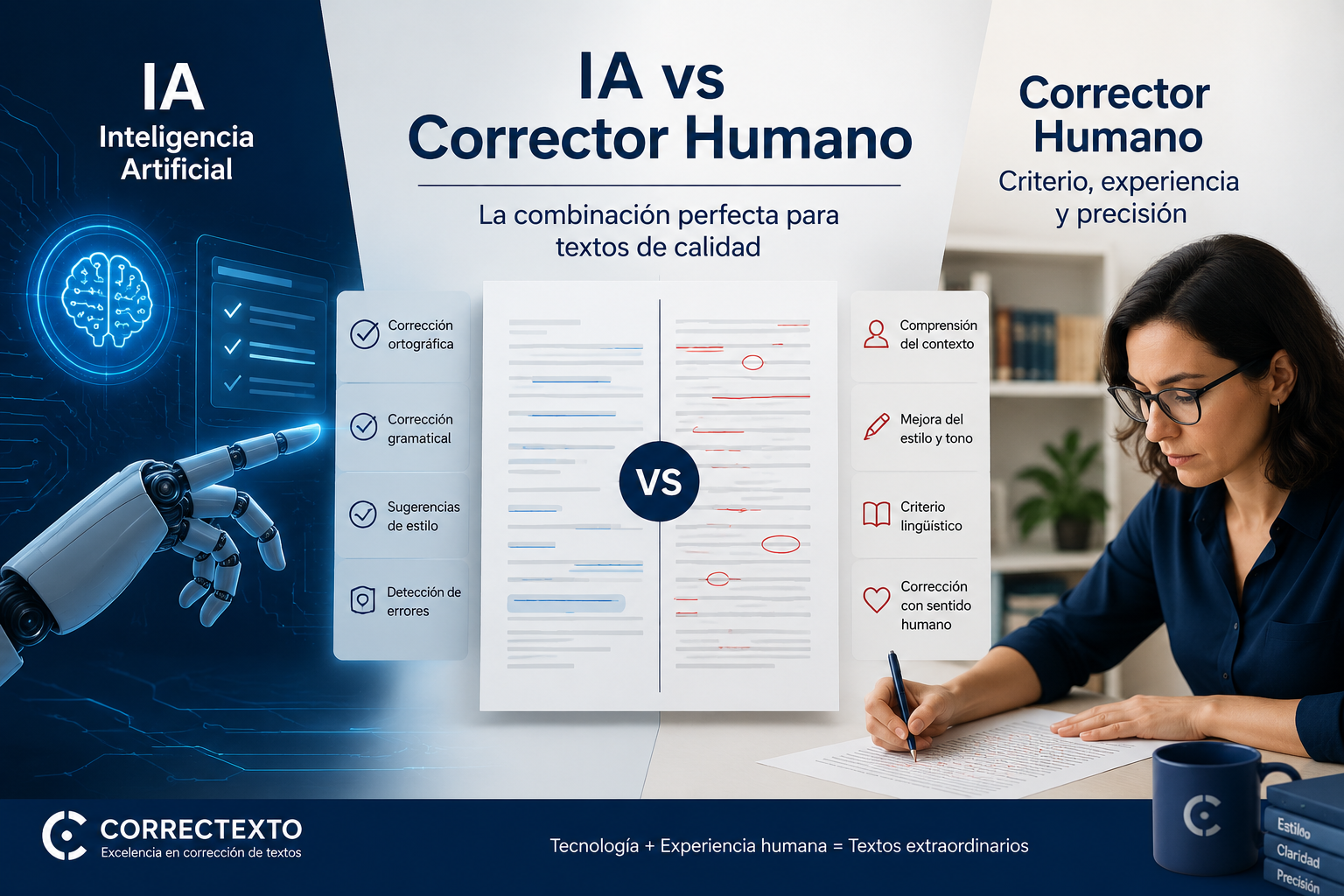 Infografía: IA vs Corrector Humano en la corrección de tesis – Correctexto